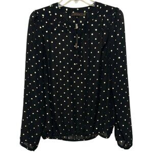 The Limited Sheer Black & Gold Metallic Polka Dot Puff Sleeve Top Dark Glamour M